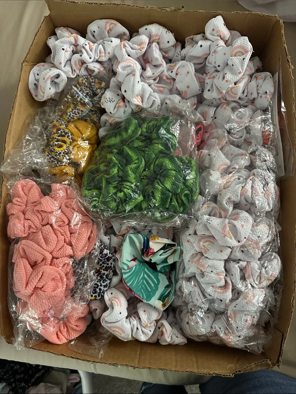 Assorted Kids Scrunchie Hair Ties - White, Pink, Green, Coral, Yellow